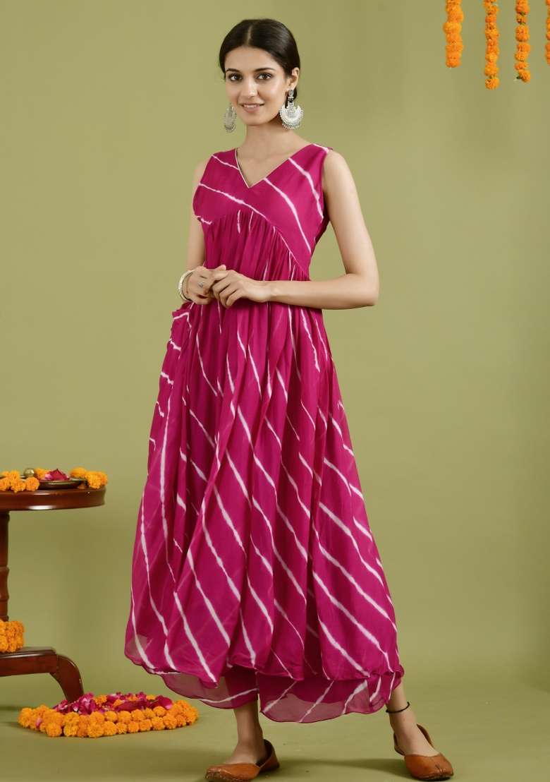Wine Striped Georgette Kurta - Indya