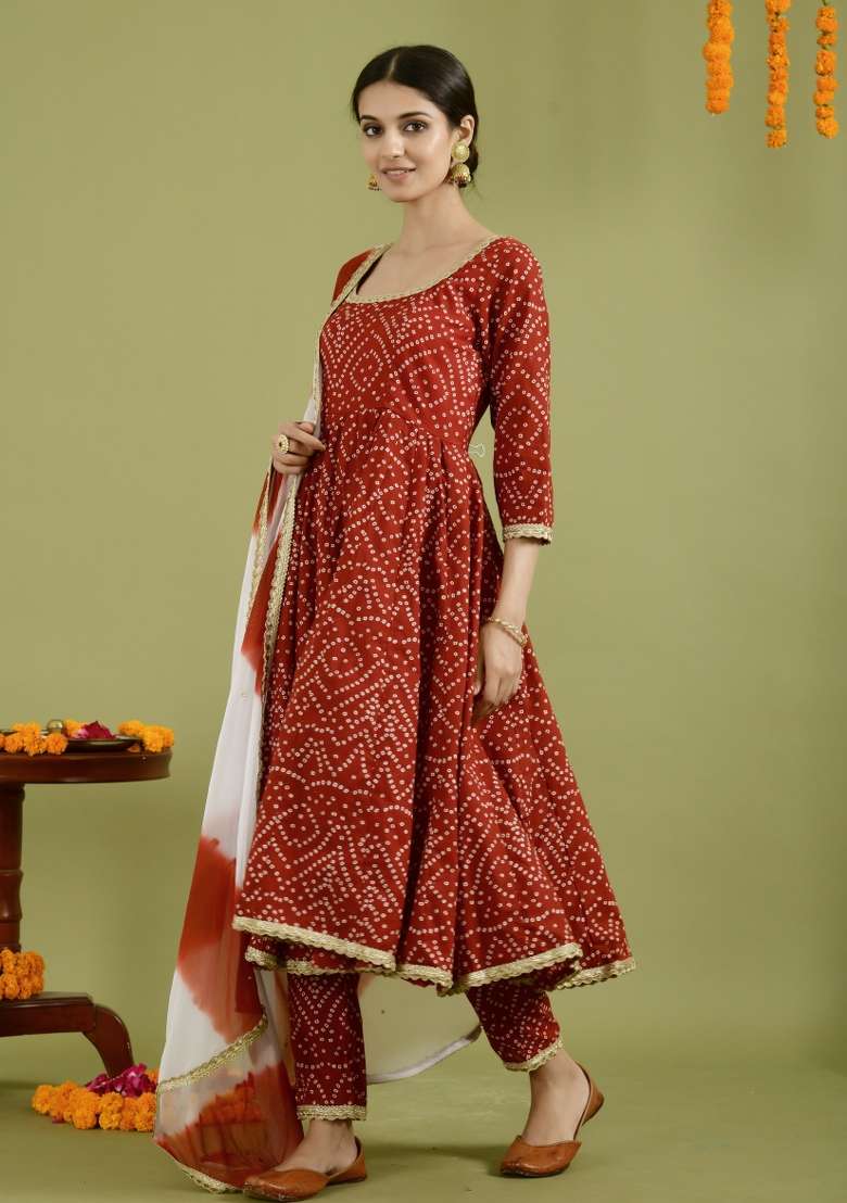 Red Bandhani Cotton Anarkali With Dupatta - Indya