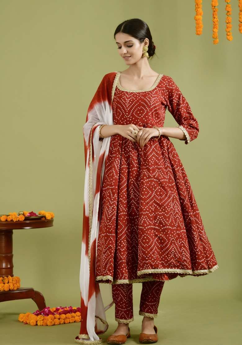 Red Bandhani Cotton Anarkali With Dupatta - Indya