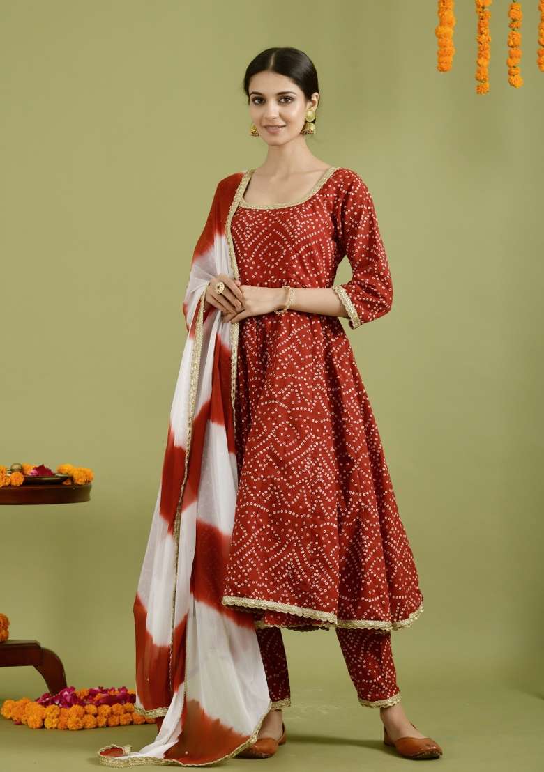 Red Bandhani Cotton Anarkali With Dupatta - Indya