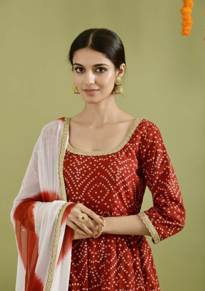 Red Bandhani Cotton Anarkali With Dupatta - Indya