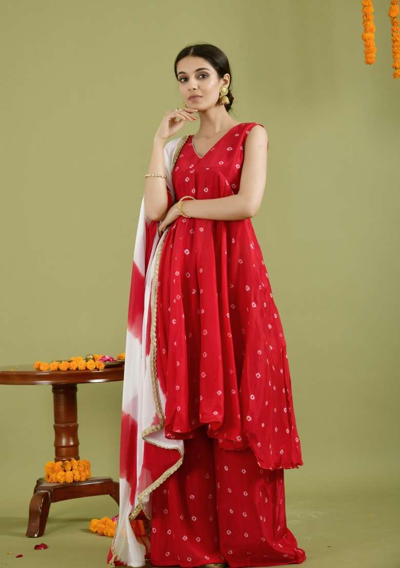 Red Embroidered Silk Blend Anarkali With Dupatta - Indya