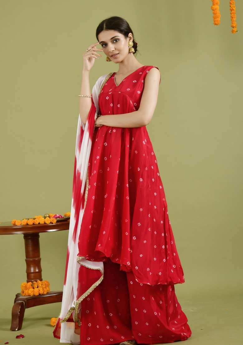 Red Embroidered Silk Blend Anarkali With Dupatta - Indya