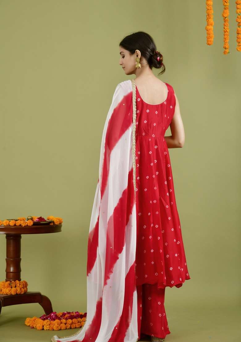 Red Embroidered Silk Blend Anarkali With Dupatta - Indya