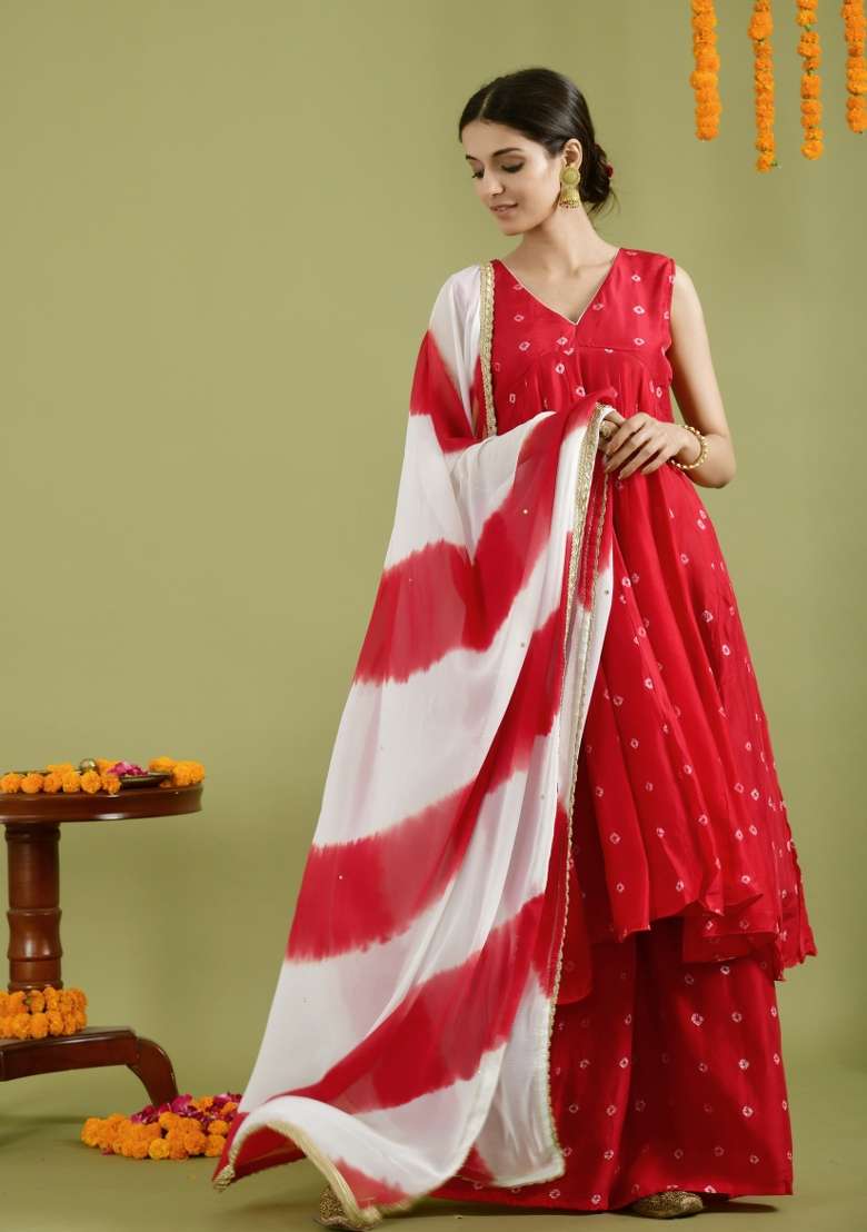 Red Embroidered Silk Blend Anarkali With Dupatta - Indya