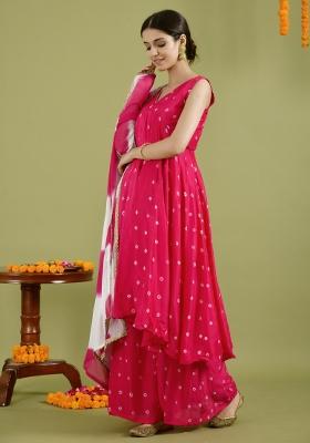 Magenta Bandhani Silk Anarkali With Dupatta