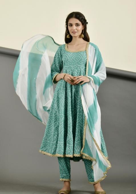 Green Embroidery Cotton Anarkali With Dupatta