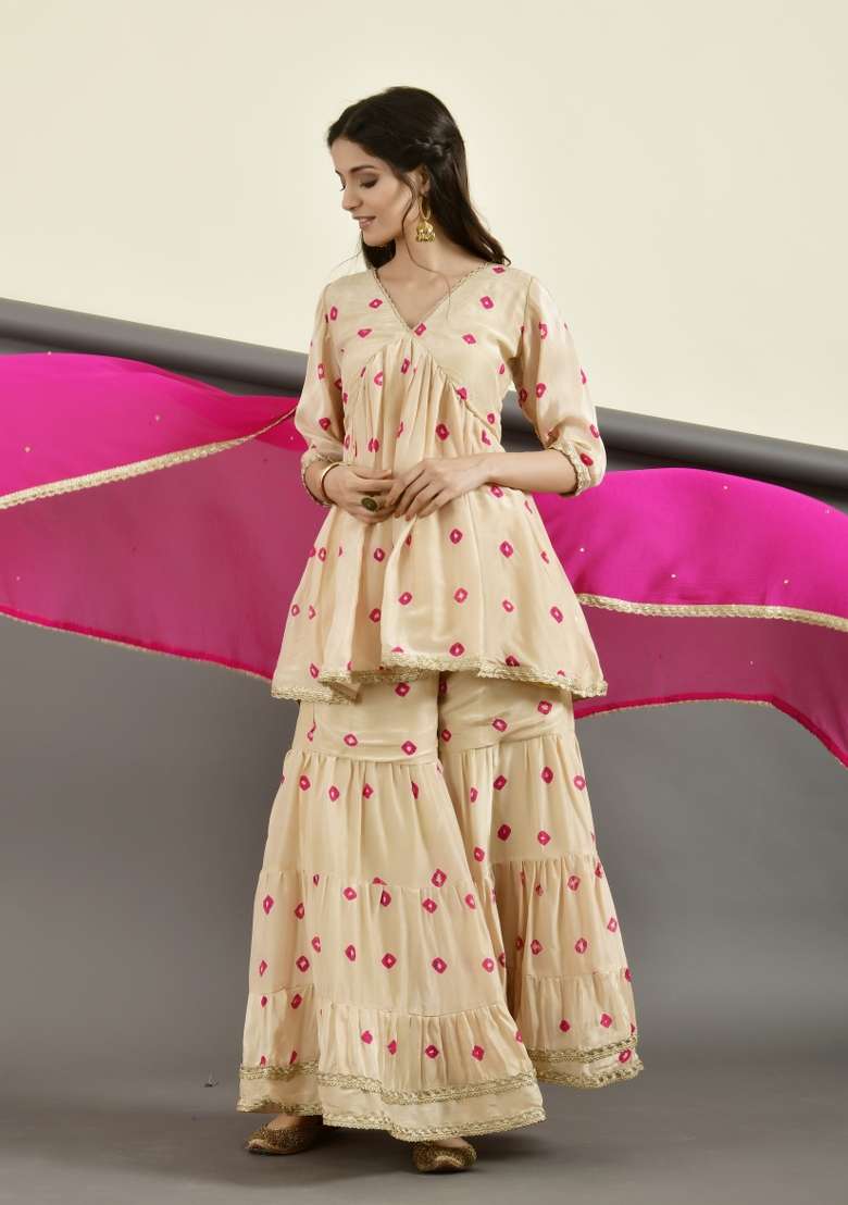 Golden Embroidered Silk Blend Sharara Set - Indya