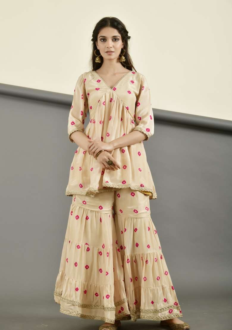 Golden Embroidered Silk Blend Sharara Set - Indya