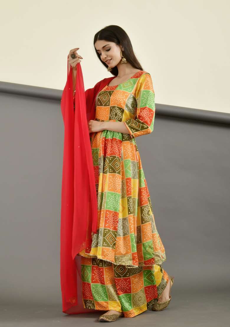 Yellow Bandhani Silk Blend Sharara Set - Indya