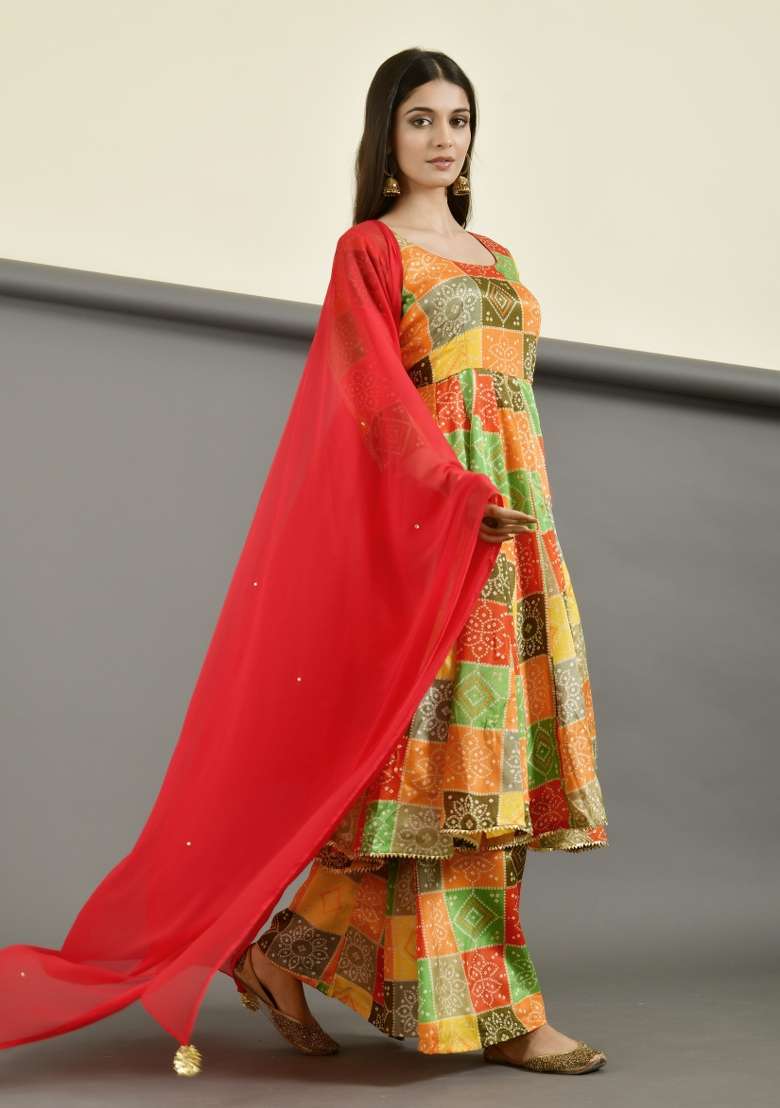 Yellow Bandhani Silk Blend Sharara Set - Indya