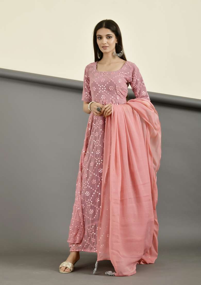 Pink Mirror Work Georgette Anarkali With Dupatta - Indya