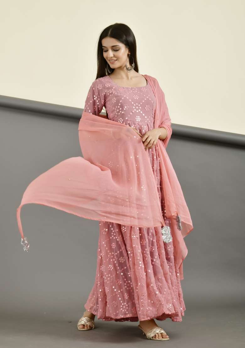 Pink Mirror Work Georgette Anarkali With Dupatta - Indya