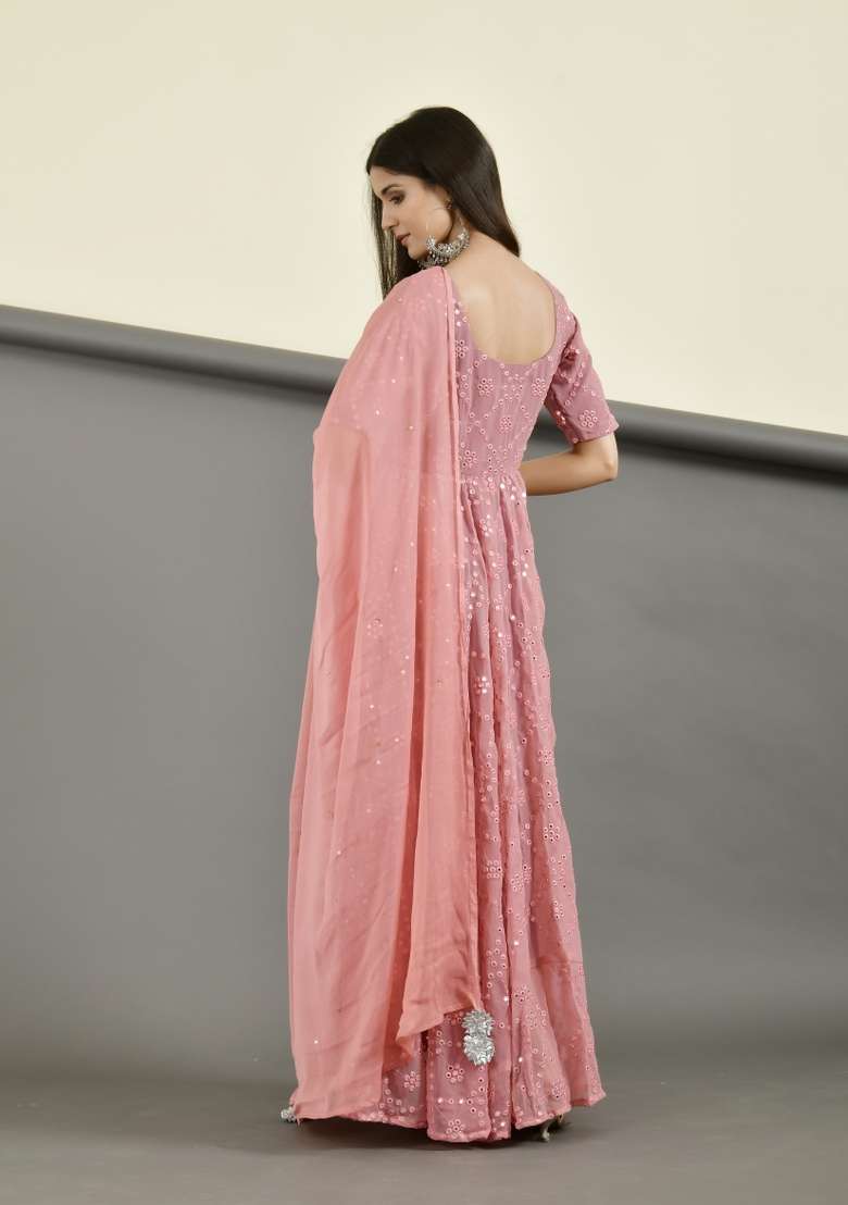 Pink Mirror Work Georgette Anarkali With Dupatta - Indya