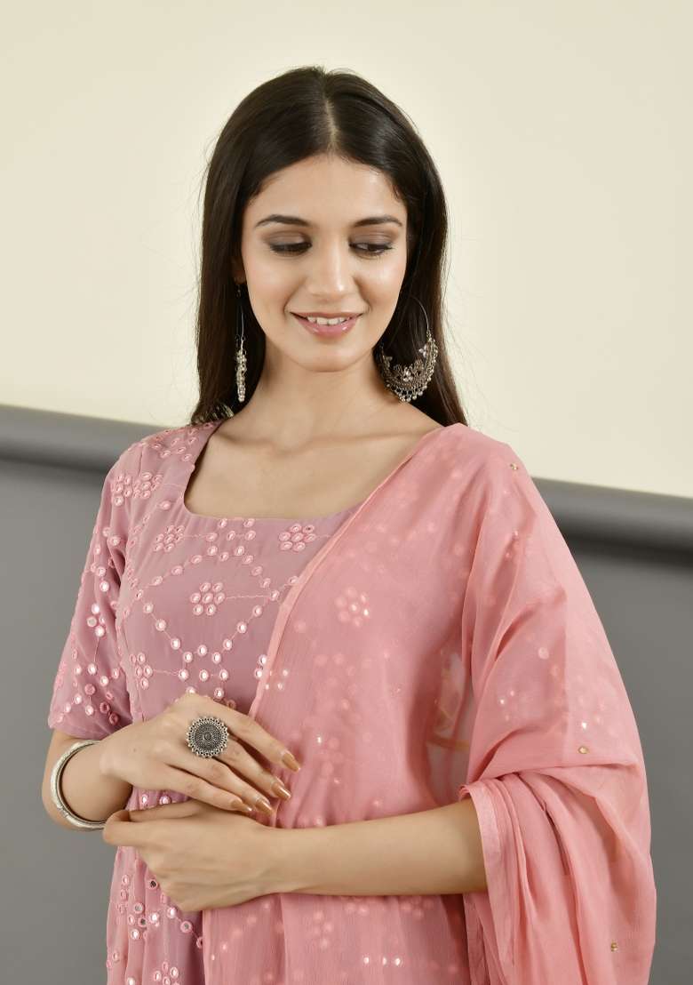 Pink Mirror Work Georgette Anarkali With Dupatta - Indya