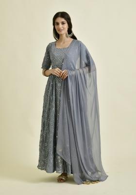 Grey Embroidery Georgette Anarkali Set