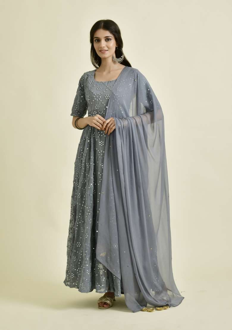 Grey Mirror Work Georgette Anarkali With Dupatta - Indya