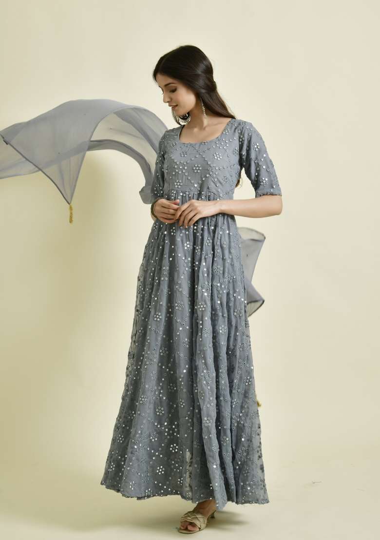 Grey Mirror Work Georgette Anarkali With Dupatta - Indya