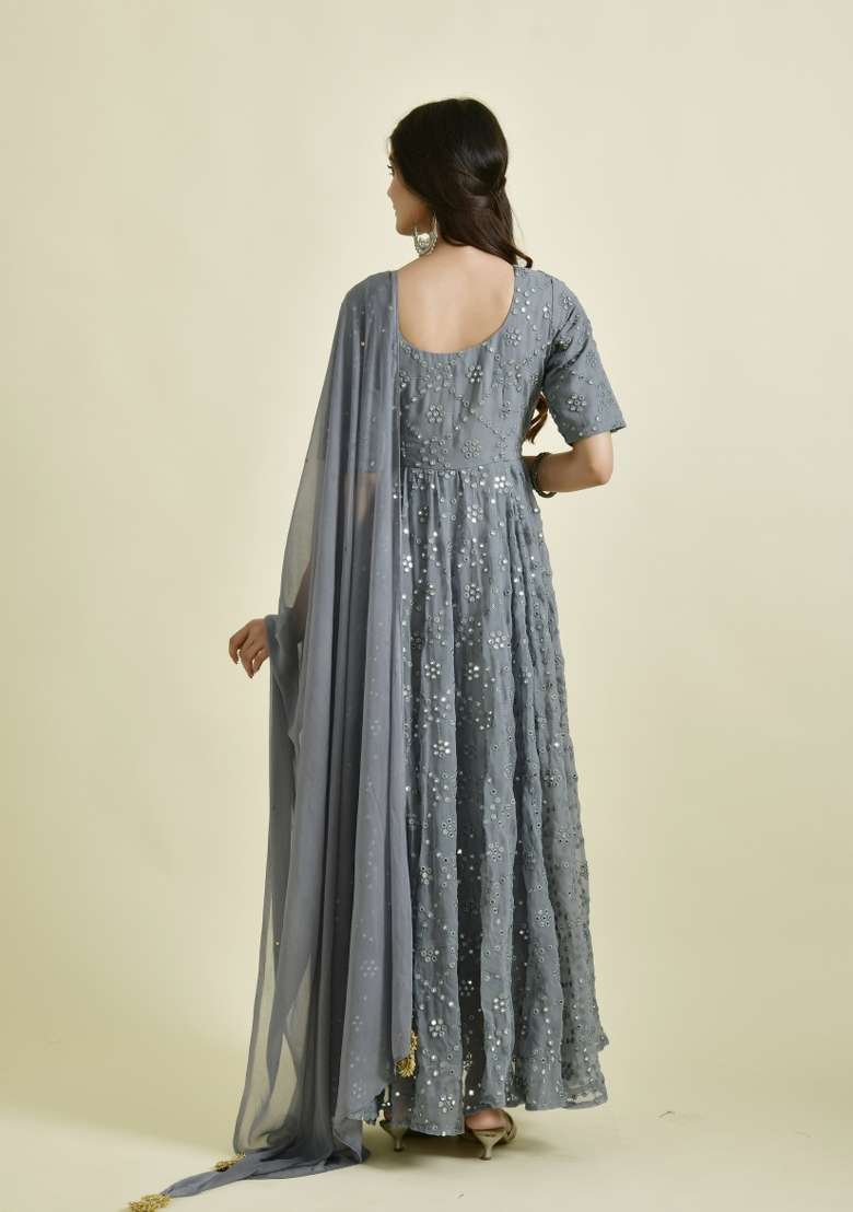 Grey Mirror Work Georgette Anarkali With Dupatta - Indya