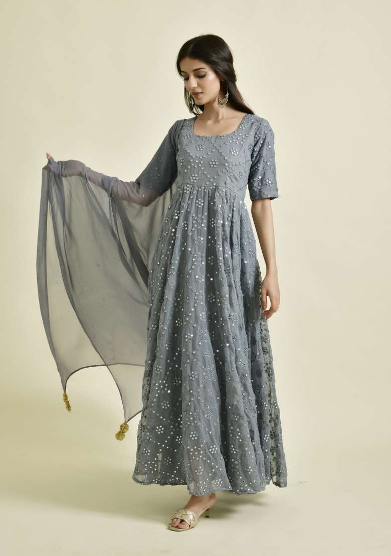 Grey Mirror Work Georgette Anarkali With Dupatta - Indya