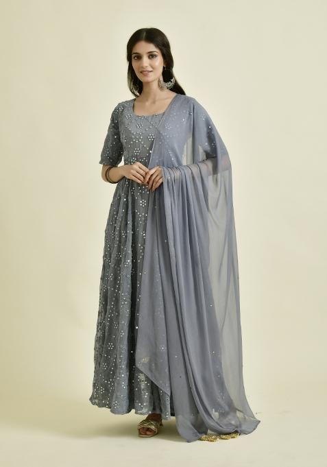 Grey Embroidery Georgette Anarkali With Dupatta