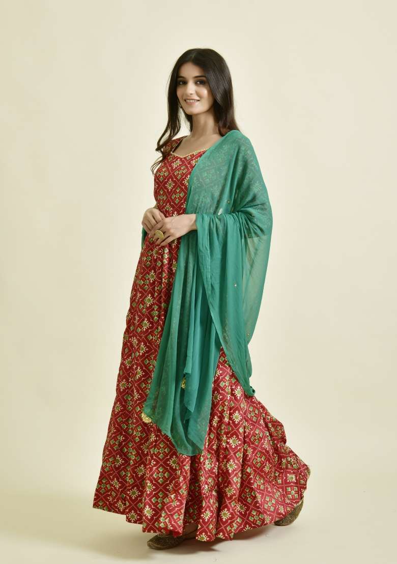 Red Printed Silk Blend Anarkali With Dupatta - Indya