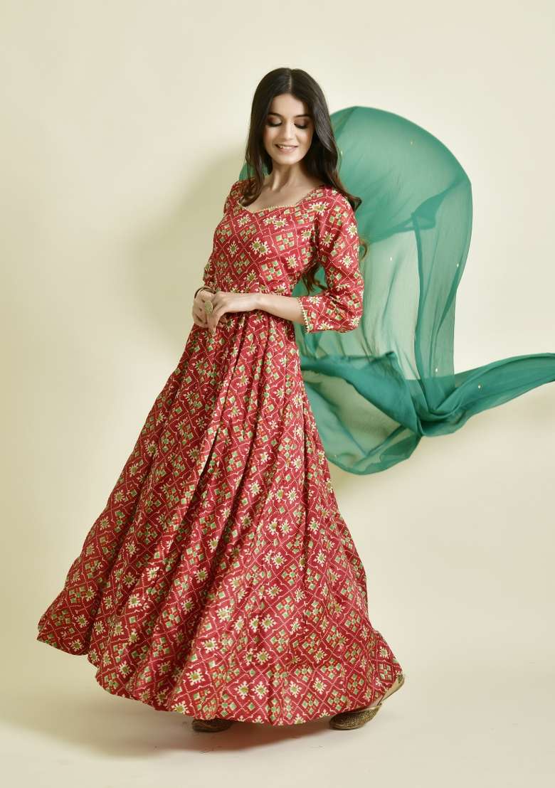 Red Printed Silk Blend Anarkali With Dupatta - Indya