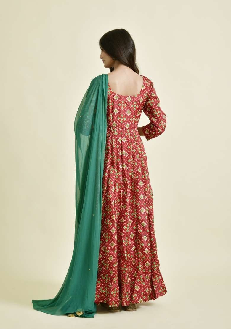 Red Printed Silk Blend Anarkali With Dupatta - Indya