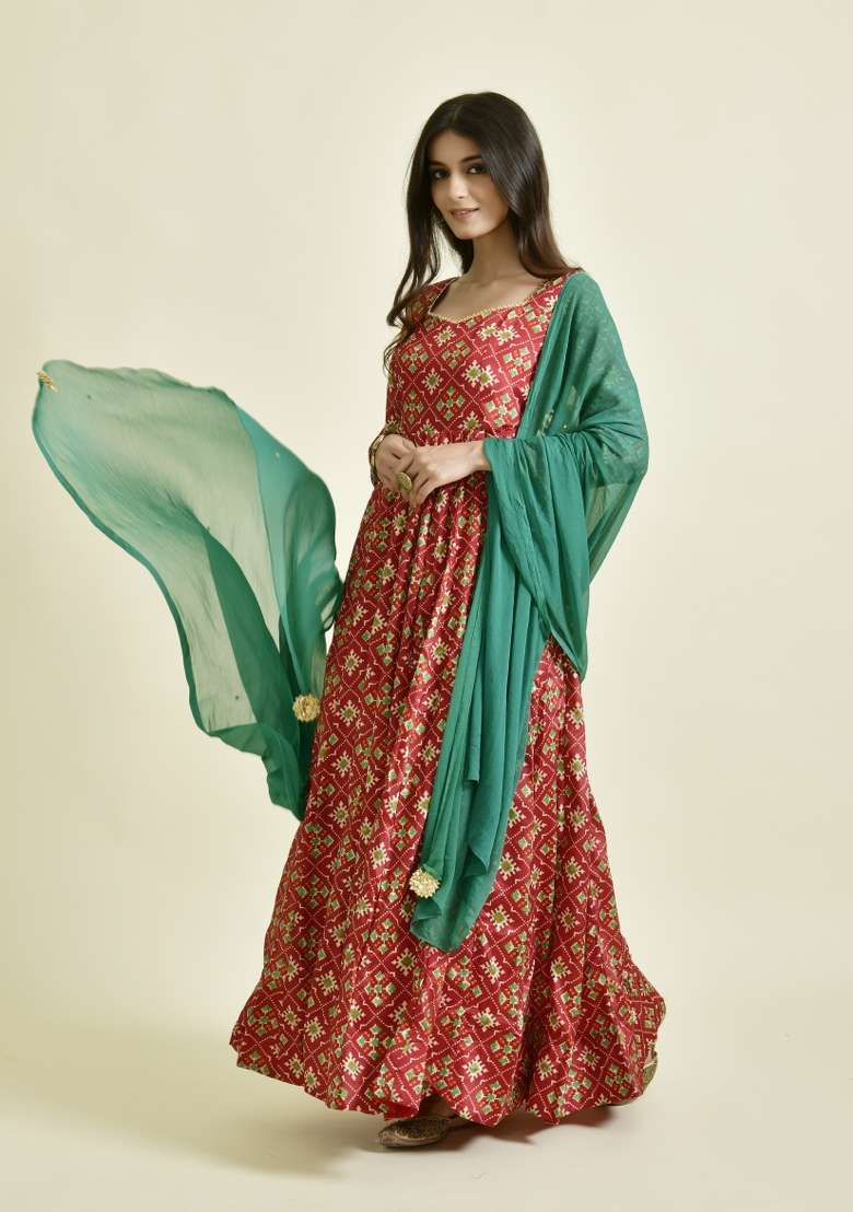 Red Printed Silk Blend Anarkali With Dupatta - Indya