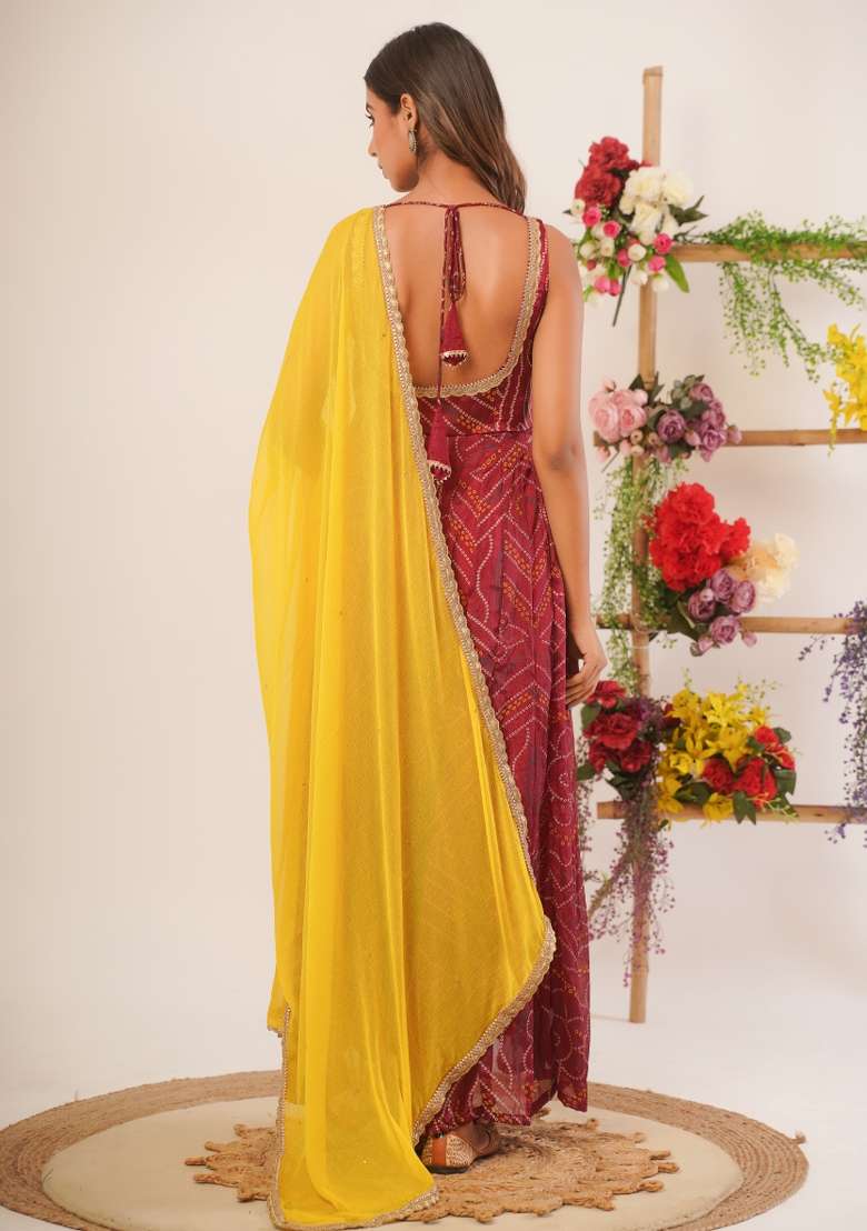 Maroon Bandhani Silk Blend Anarkali With Dupatta - Indya