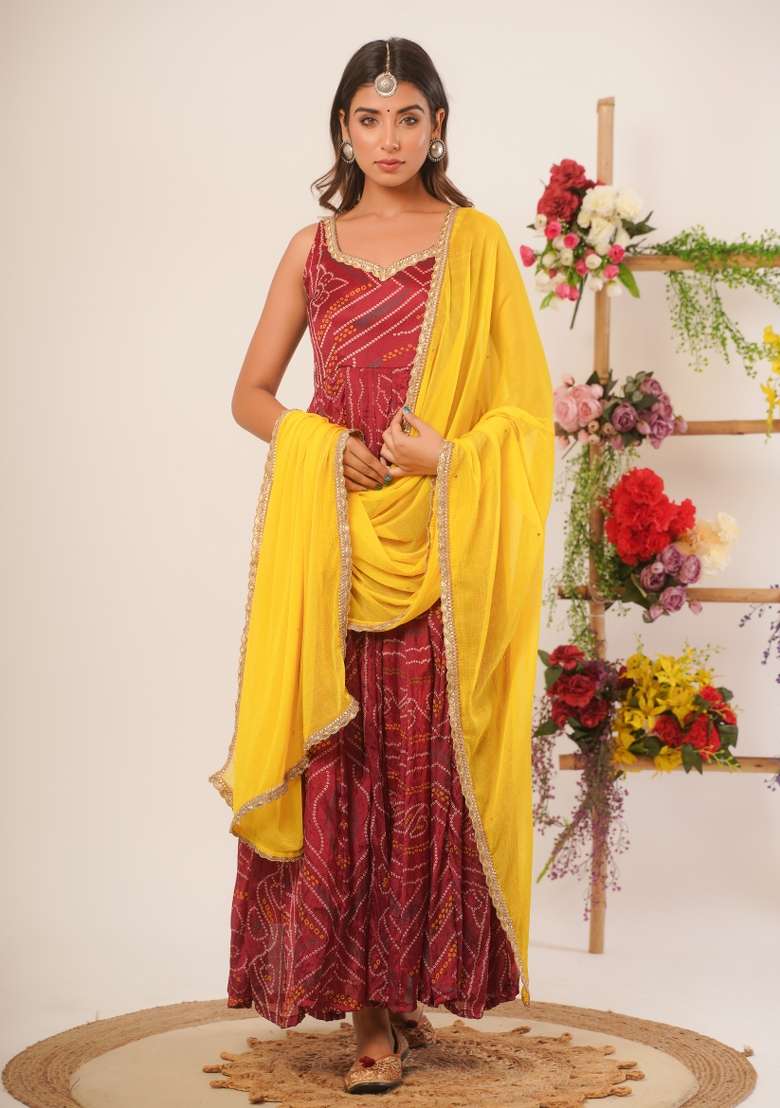 Maroon Bandhani Silk Blend Anarkali With Dupatta - Indya