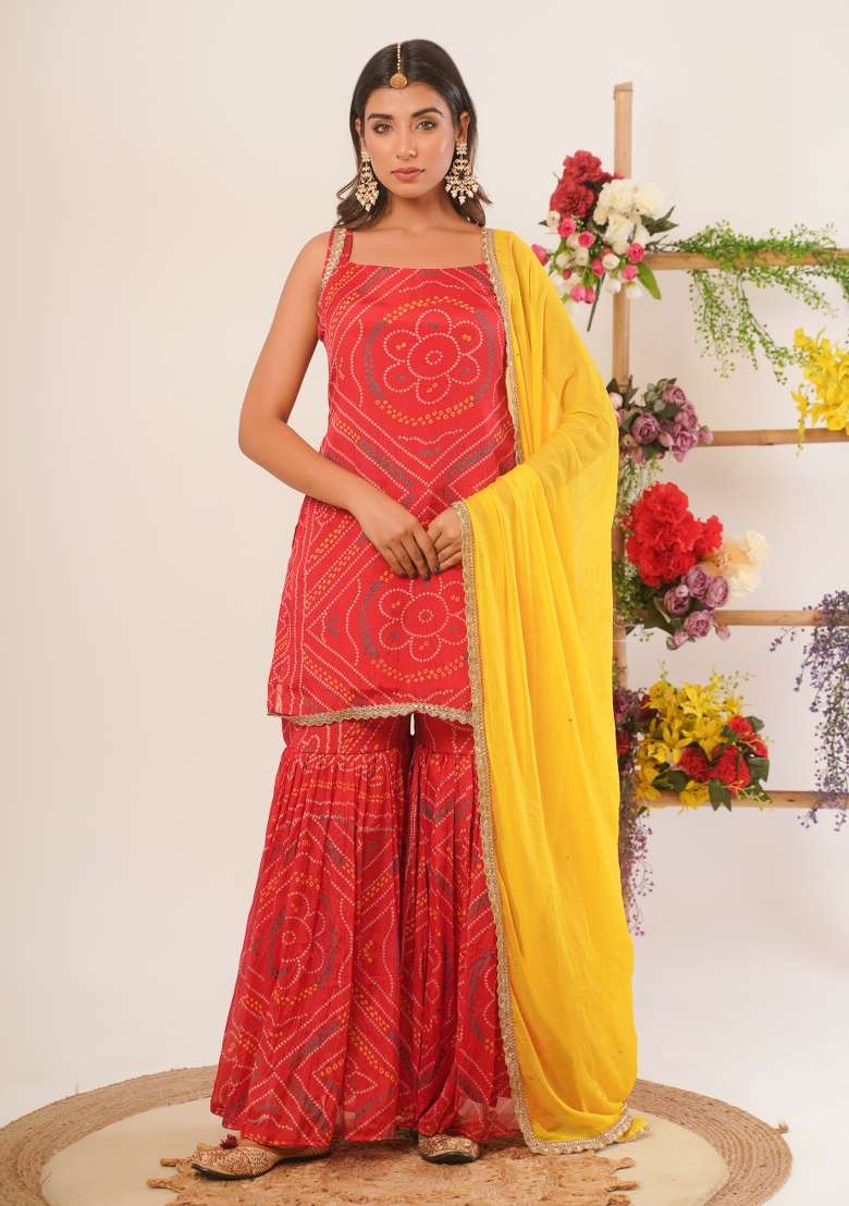 Red Bandhani Silk Blend Sharara Set - Indya