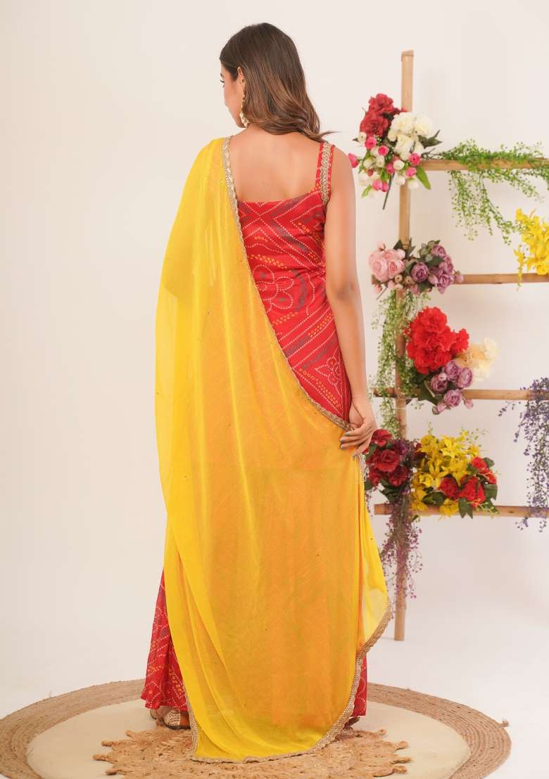 Red Bandhani Silk Blend Sharara Set - Indya