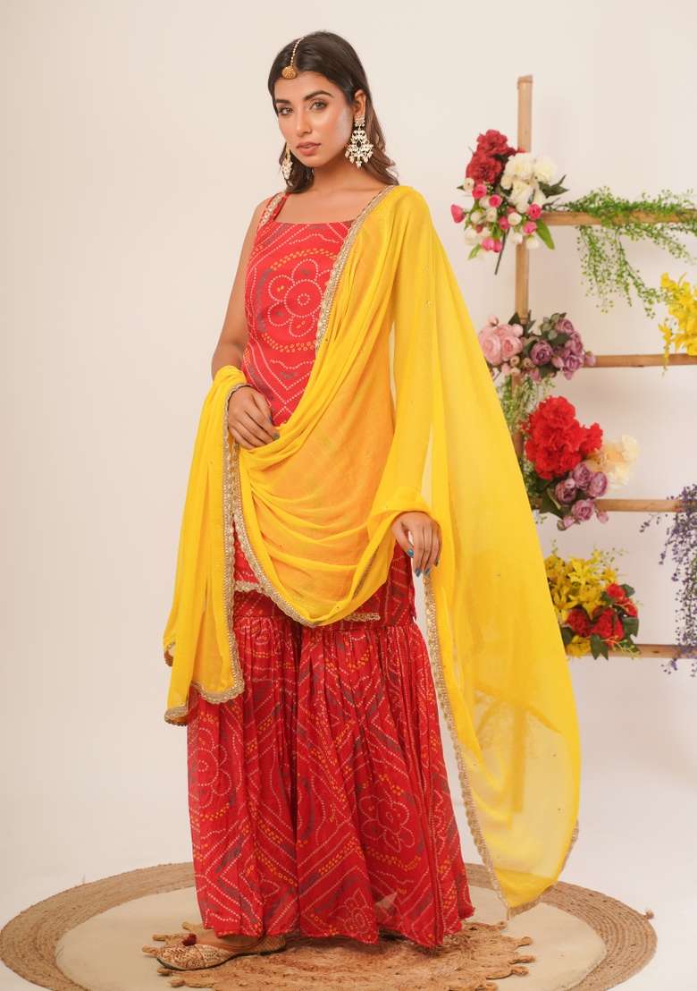 Red Bandhani Silk Blend Sharara Set - Indya