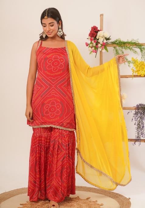 Red Bandhani Silk Sharara Set