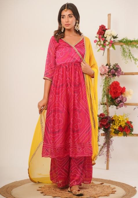 Magenta Bandhani Silk Anarkali Set