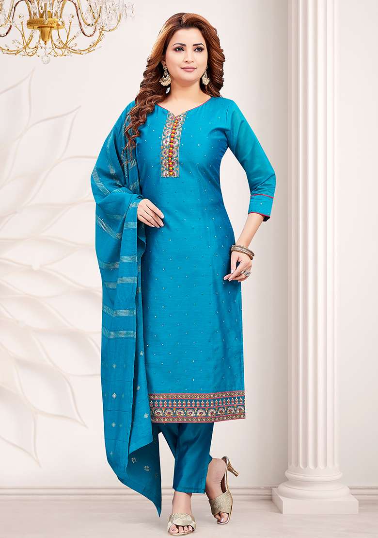 Blue Printed Chanderi Silk Kurta Pant Set - Indya