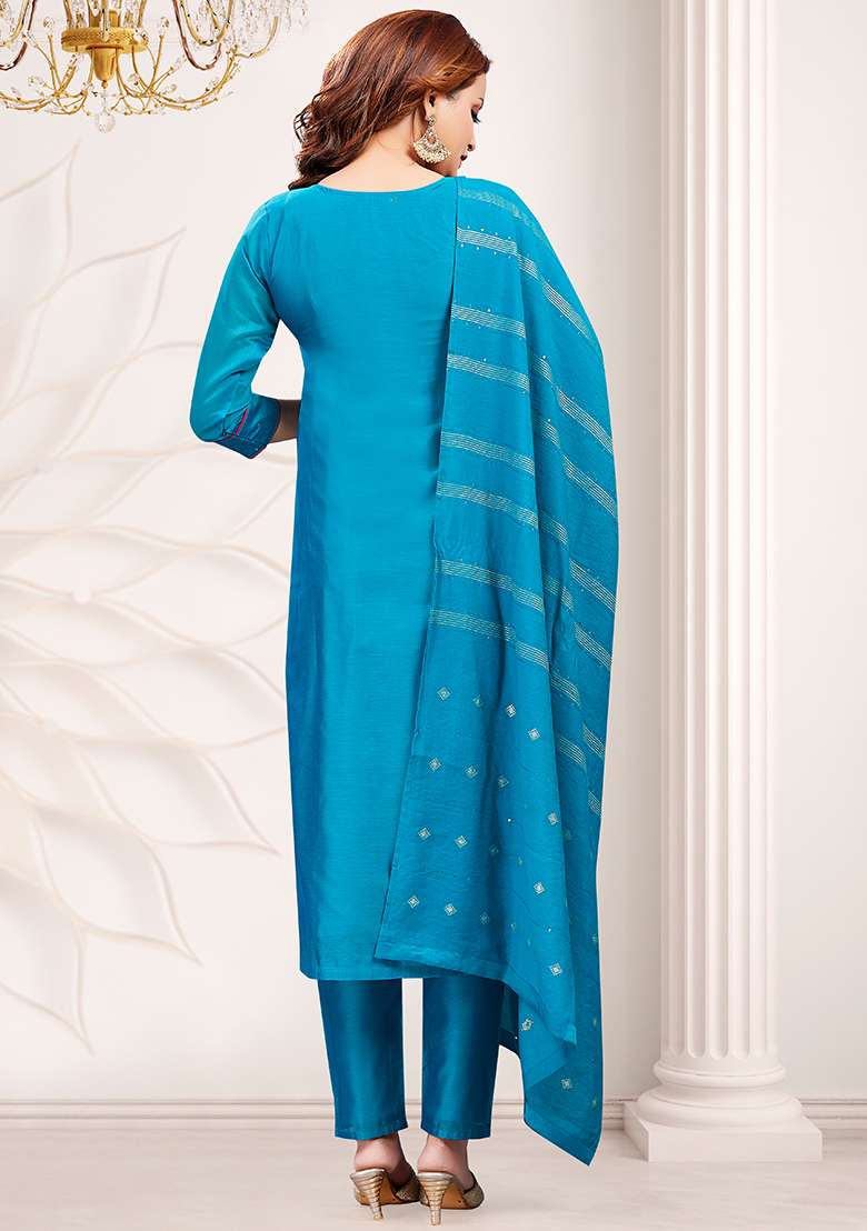 Blue Printed Chanderi Silk Kurta Pant Set - Indya