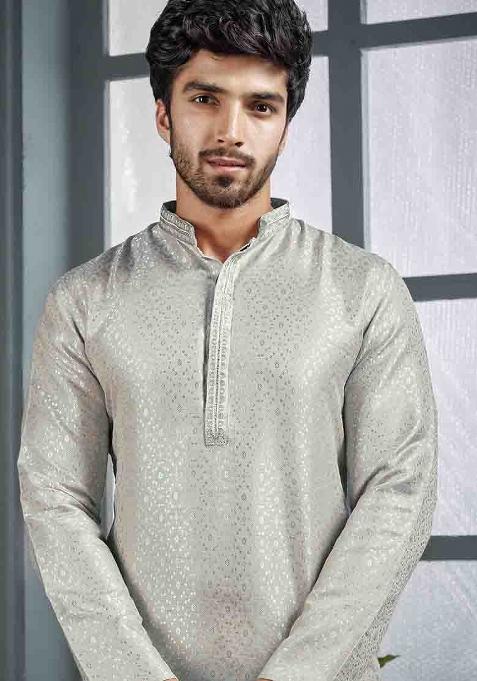 Grey Jacquard Poly Cotton Salwar Kameez Set