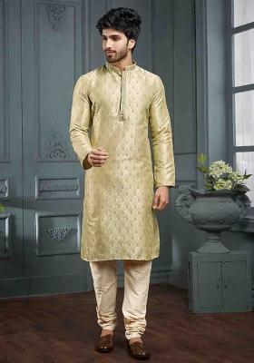 Golden And Pista Jacquard Poly Cotton Salwar Kameez Set