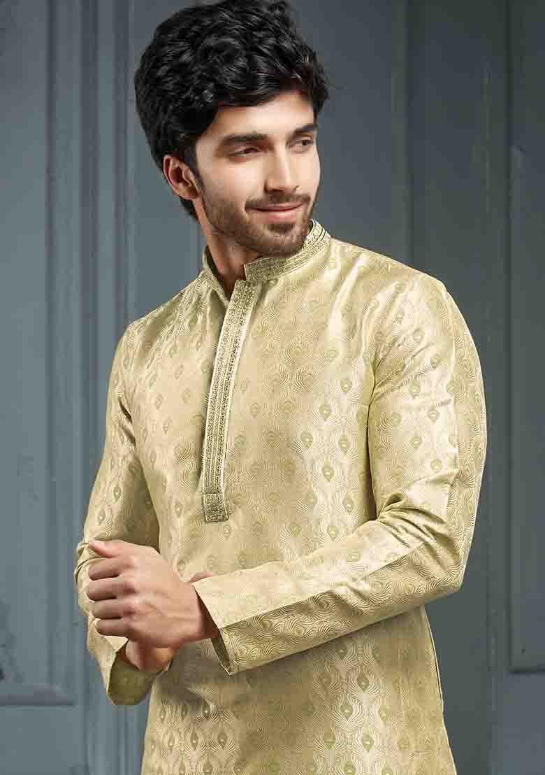 Golden And Pista Jacquard Poly Cotton Salwar Kameez Set - Indya