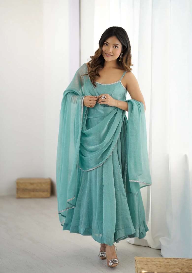 Sky Blue Solid Silk Blend Anarkali Set - Indya