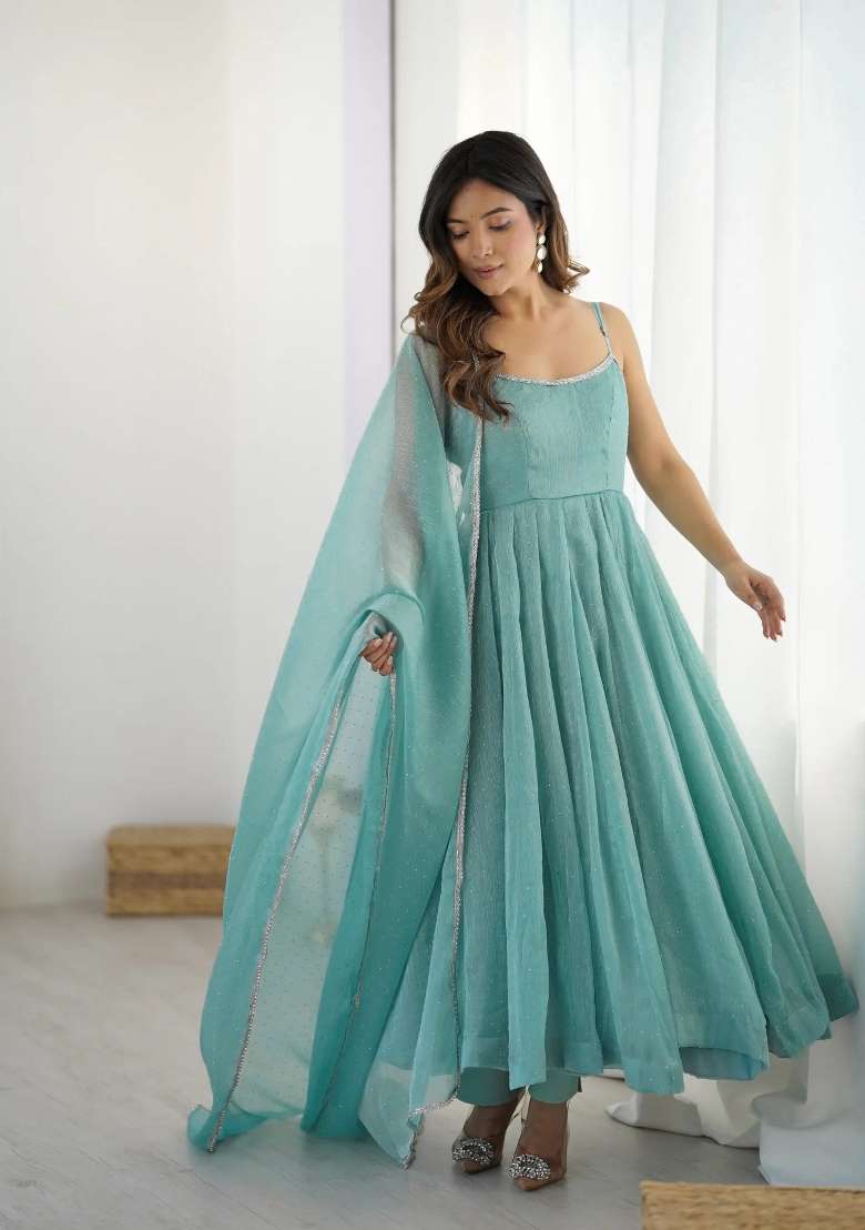 Sky Blue Solid Silk Blend Anarkali Set - Indya