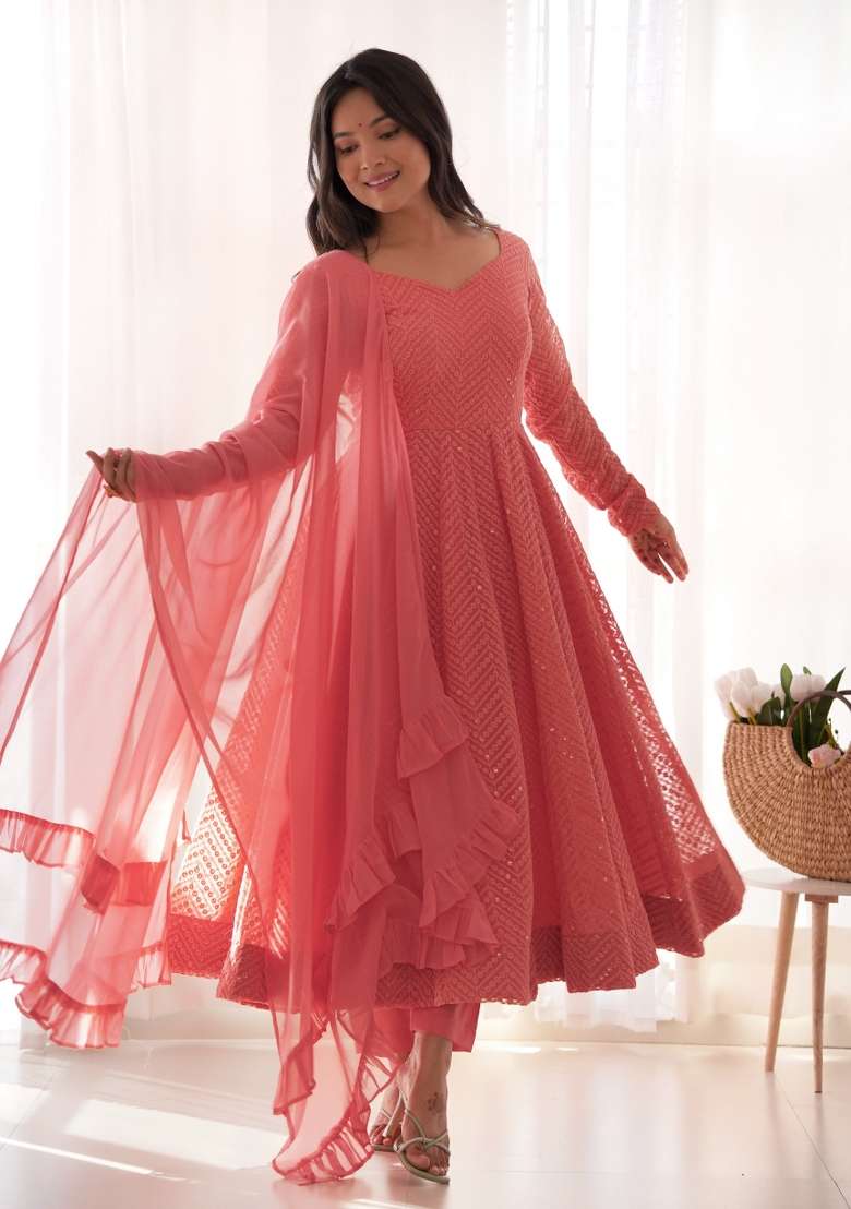 Peach Chikankari Georgette Anarkali Set - Indya