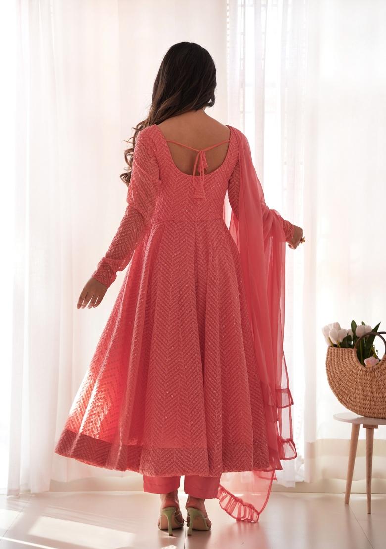 Peach Sequence Work Georgette Kurta Set With Dupatta - Indya