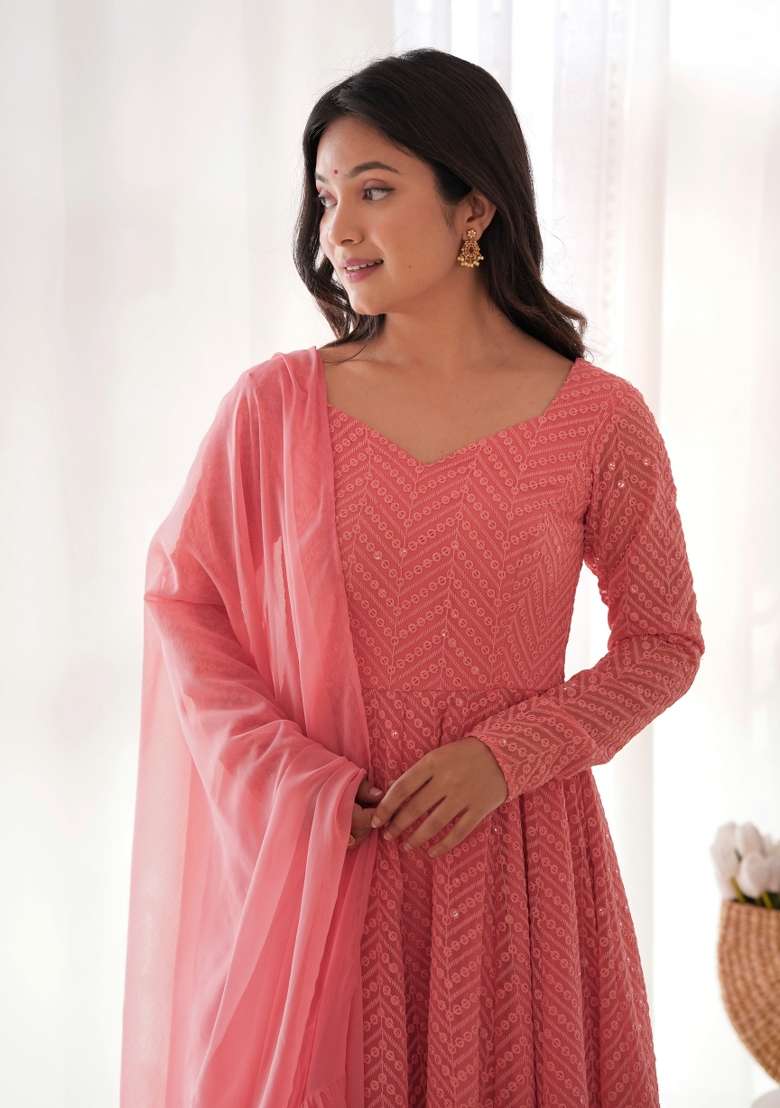 Peach Chikankari Georgette Anarkali Set - Indya