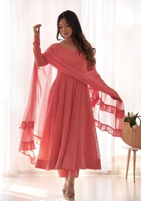 Peach Sequence Work Georgette Kurta Set With Dupatta