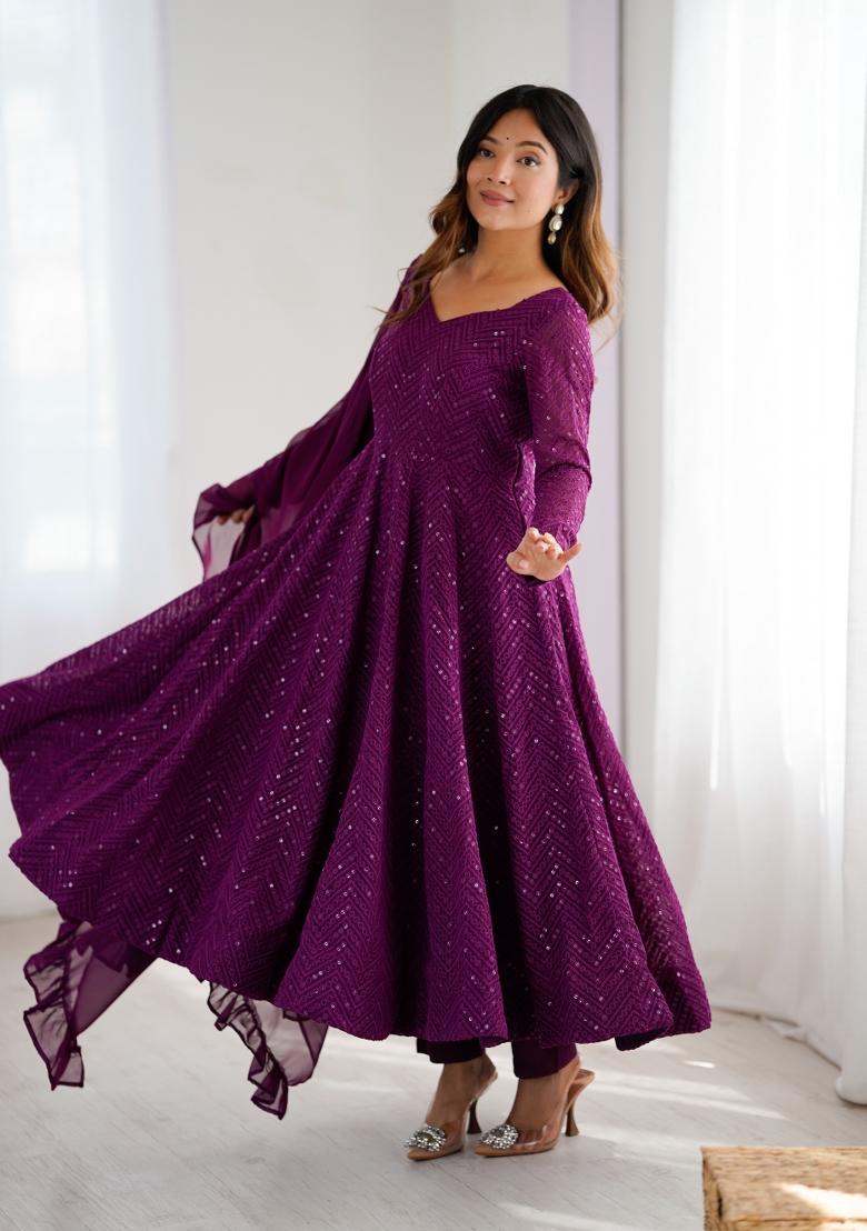 Wine Sequence Work Georgette Kurta Set With Dupatta - Indya