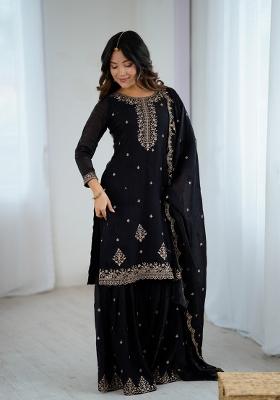 Black Embroidery Sequence Silk Kurta Set With Dupatta