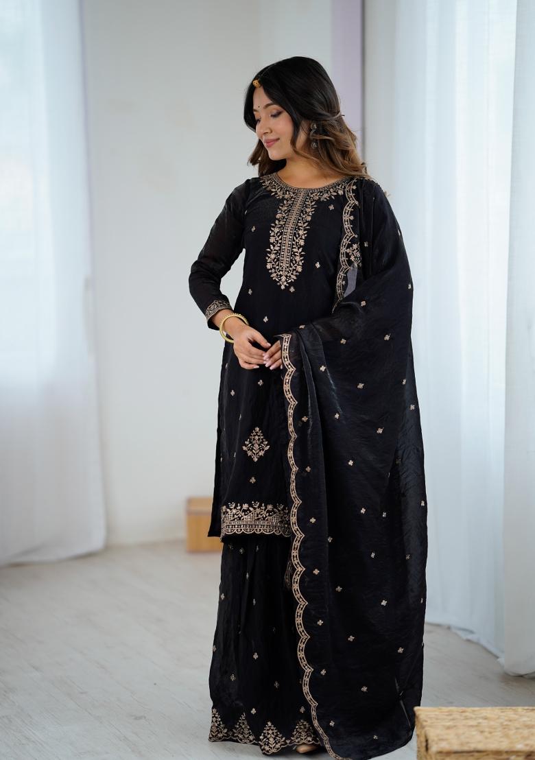Black Embroidery Sequence Silk Kurta Set With Dupatta - Indya